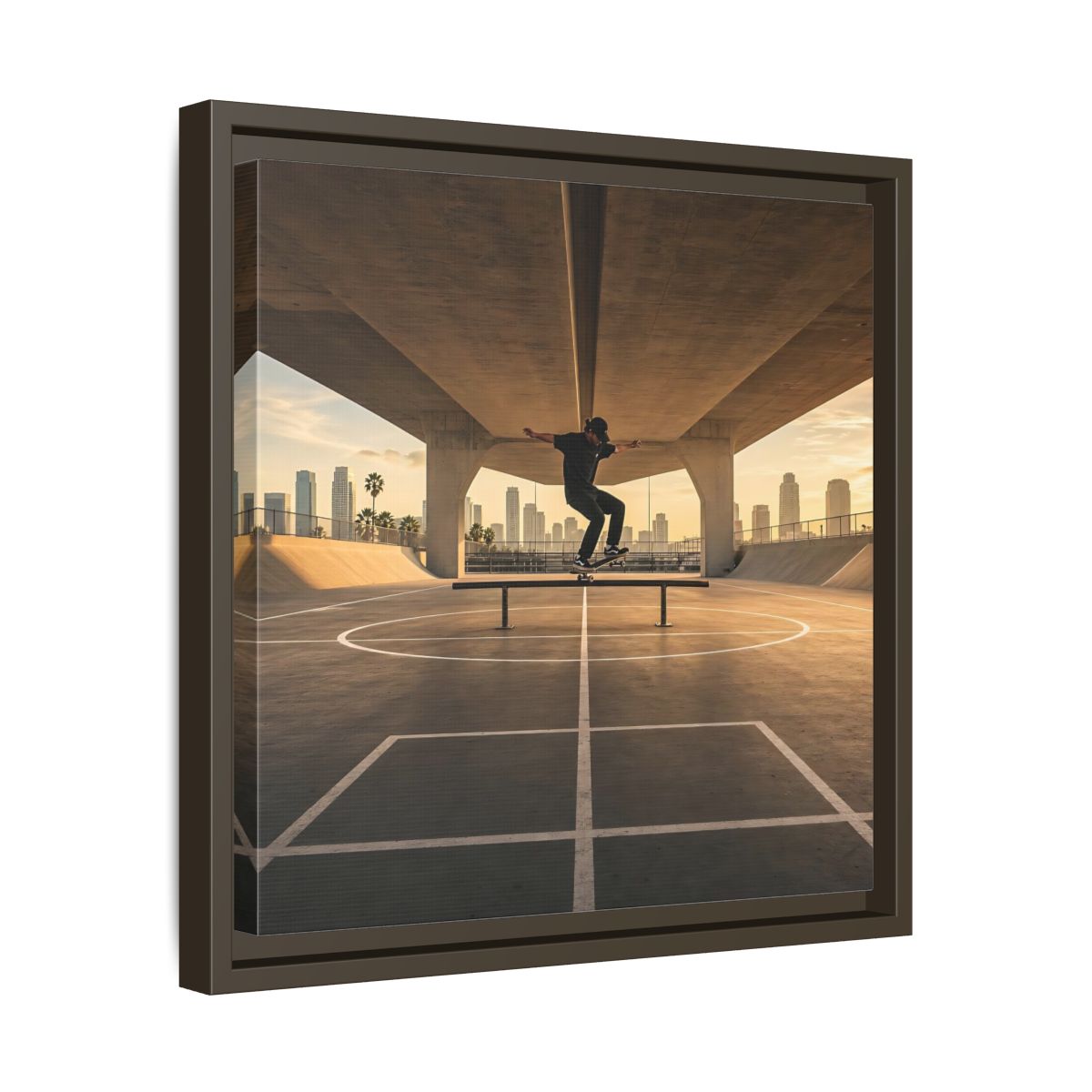 Side Mockup 29. Sports Skateboarder Skateboarding Gold shown as framed canvas print