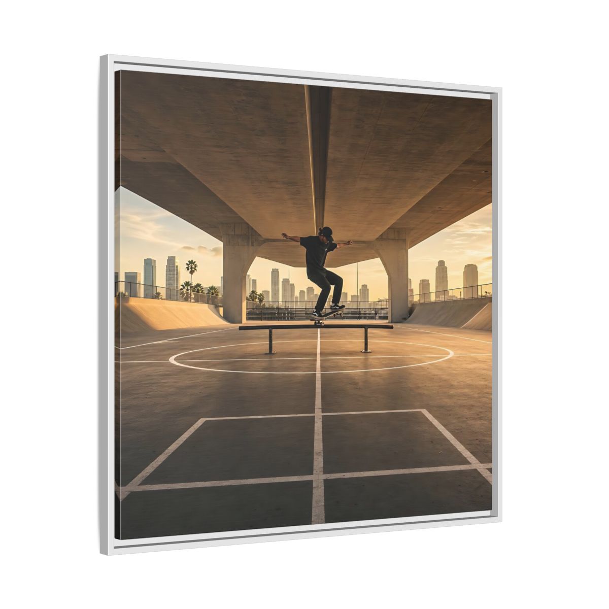 Side Mockup 25. Sports Skateboarder Skateboarding Gold shown as framed canvas print