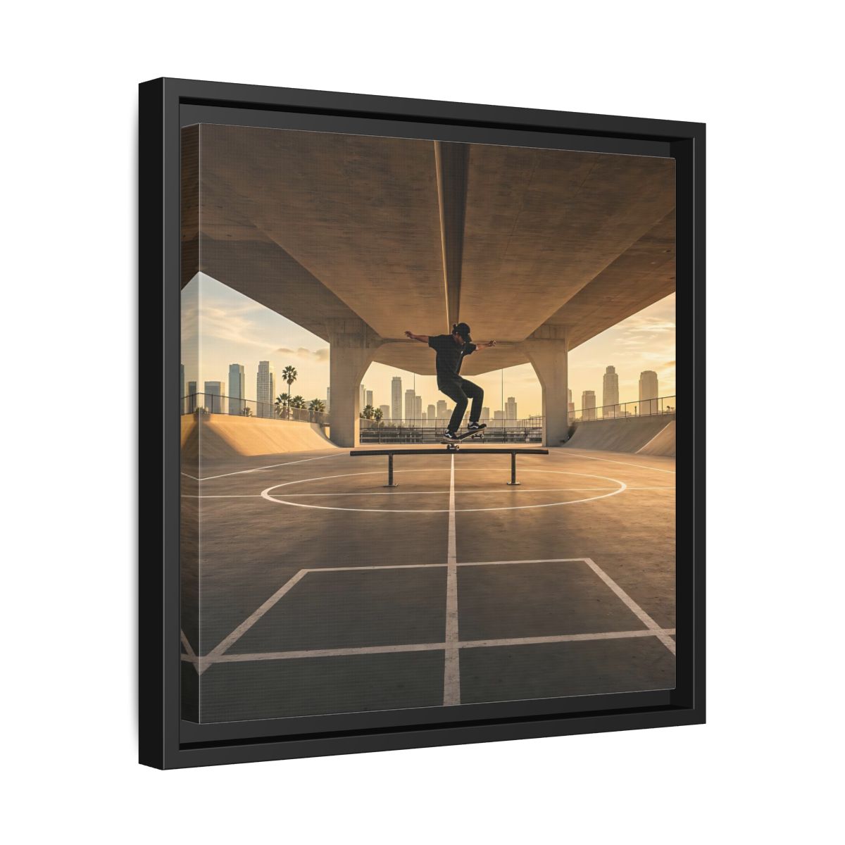 Side Mockup 32. Sports Skateboarder Skateboarding Gold shown as framed canvas print