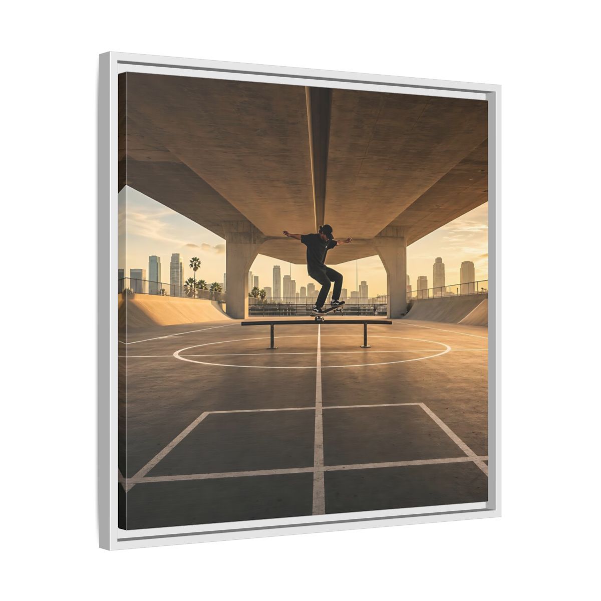 Side Mockup 26. Sports Skateboarder Skateboarding Gold shown as framed canvas print