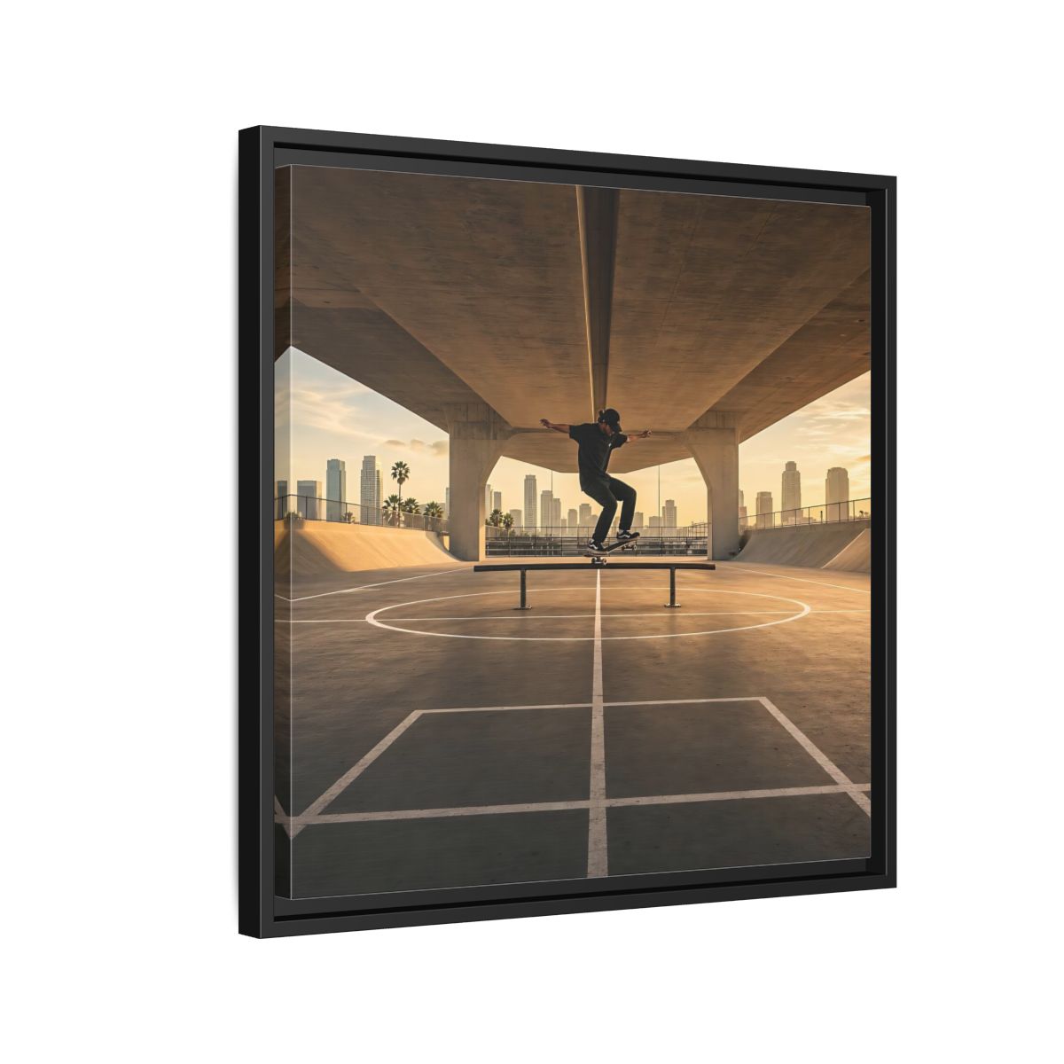 Side Mockup 12. Sports Skateboarder Skateboarding Gold shown as framed canvas print