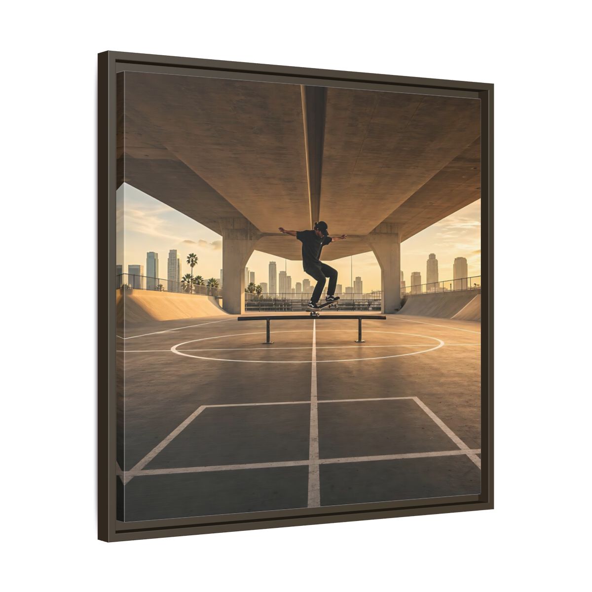 Side Mockup 27. Sports Skateboarder Skateboarding Gold shown as framed canvas print