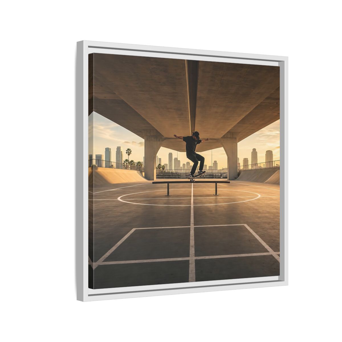 Side Mockup 10. Sports Skateboarder Skateboarding Gold shown as framed canvas print