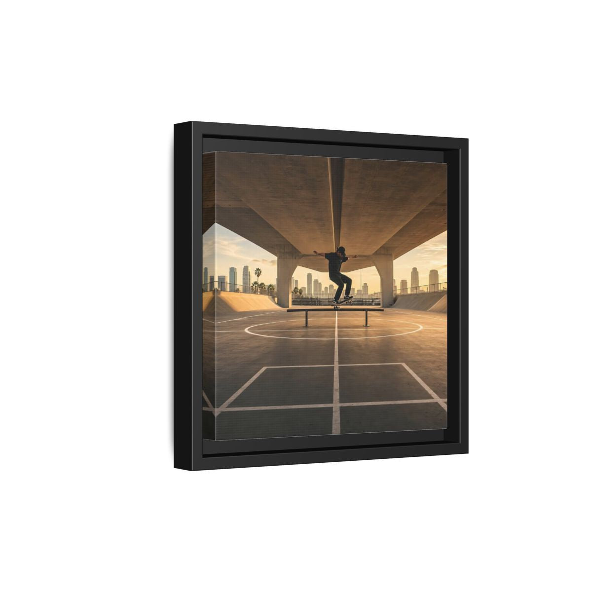 Side Mockup 21. Sports Skateboarder Skateboarding Gold shown as framed canvas print