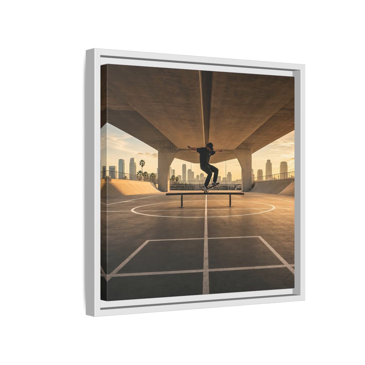 Side Mockup 13. Sports Skateboarder Skateboarding Gold shown as framed canvas print