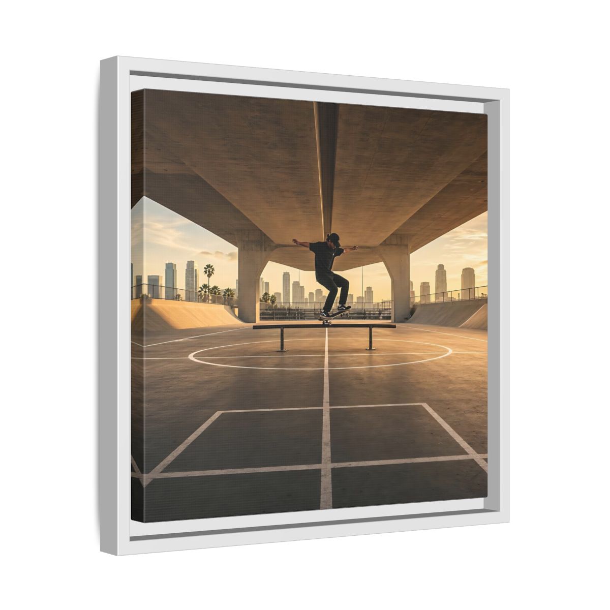 Side Mockup 28. Sports Skateboarder Skateboarding Gold shown as framed canvas print