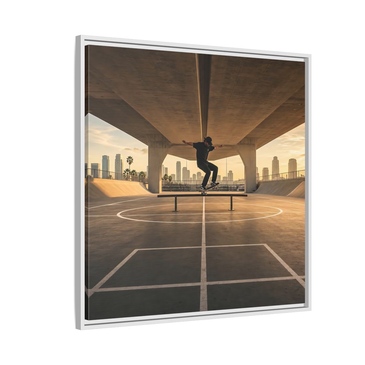 Side Mockup 7. Sports Skateboarder Skateboarding Gold shown as framed canvas print