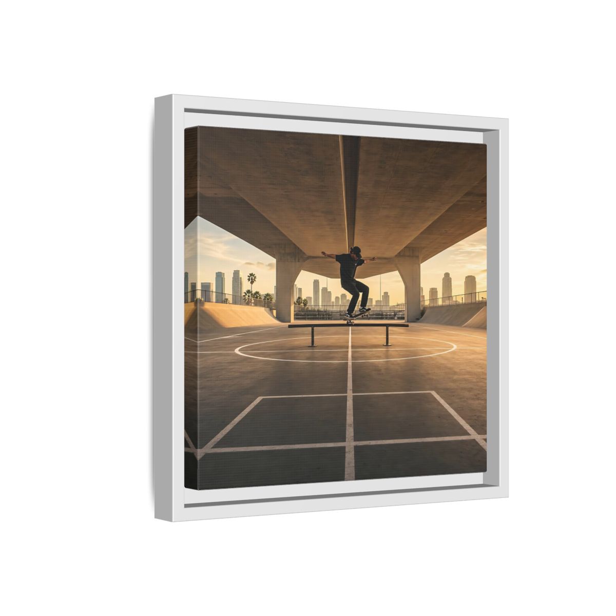 Side Mockup 16. Sports Skateboarder Skateboarding Gold shown as framed canvas print