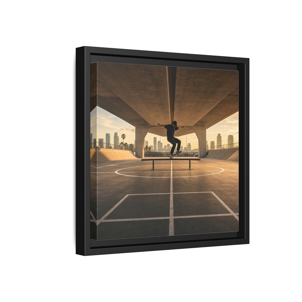 Side Mockup 18. Sports Skateboarder Skateboarding Gold shown as framed canvas print