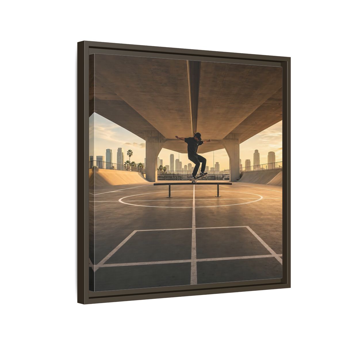 Side Mockup 11. Sports Skateboarder Skateboarding Gold shown as framed canvas print