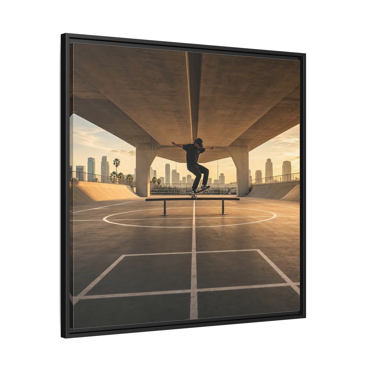 Side Mockup 30. Sports Skateboarder Skateboarding Gold shown as framed canvas print