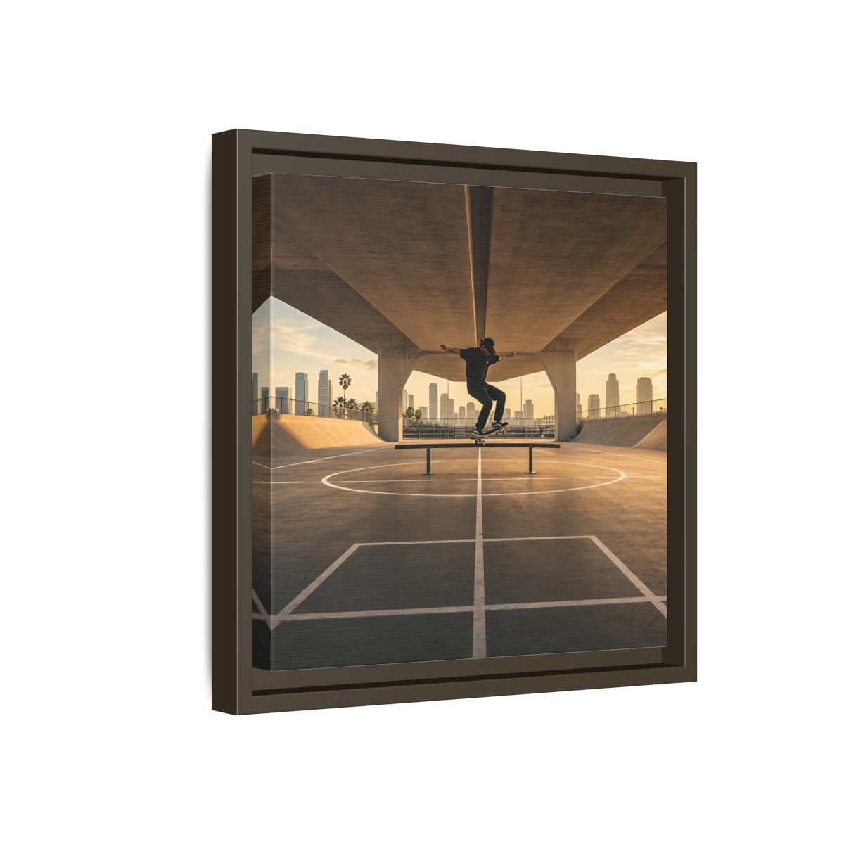 Side Mockup 17. Sports Skateboarder Skateboarding Gold shown as framed canvas print