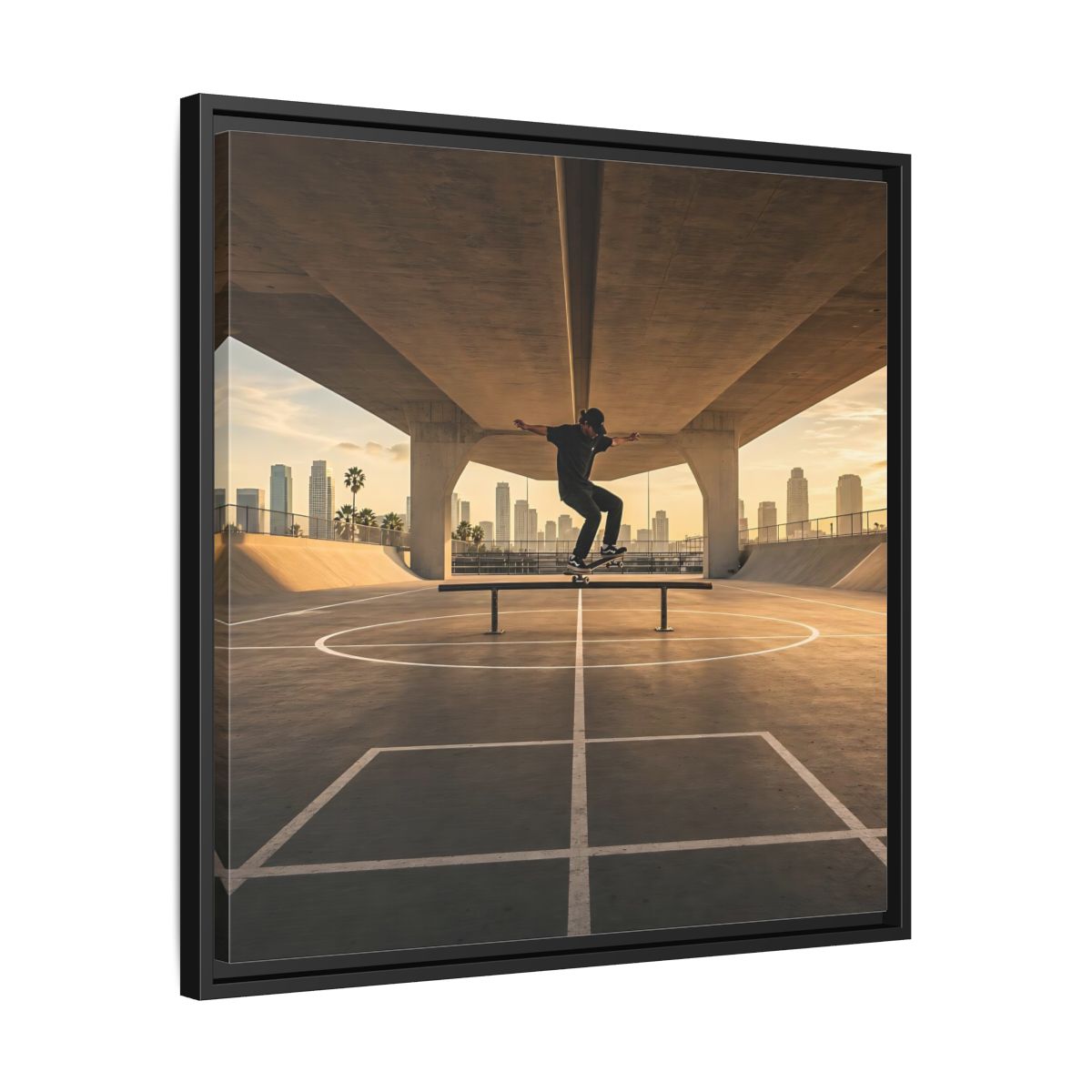 Side Mockup 31. Sports Skateboarder Skateboarding Gold shown as framed canvas print