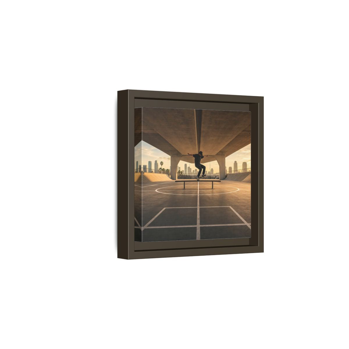 Side Mockup 2. Sports Skateboarder Skateboarding Gold shown as framed canvas print