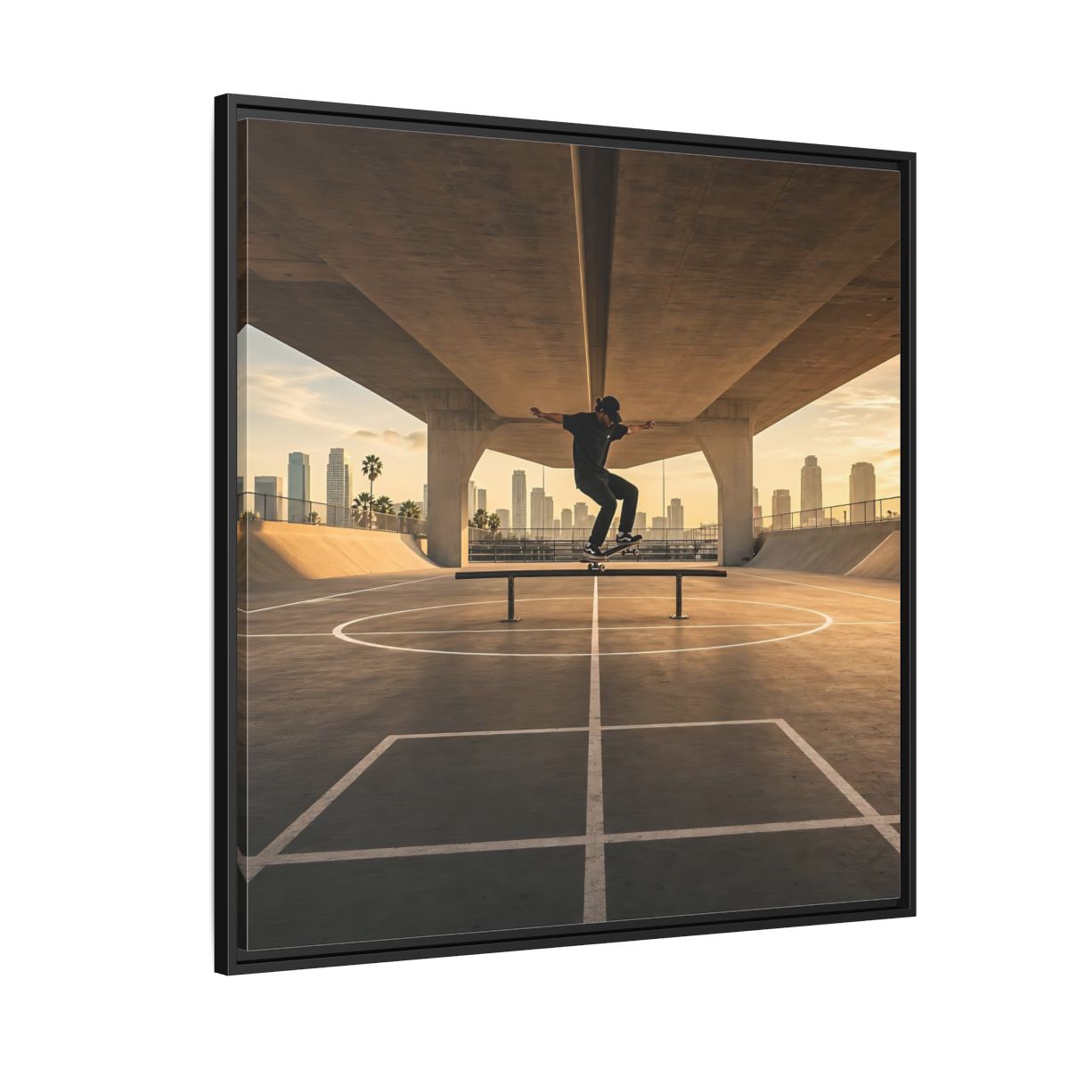 Side Mockup 6. Sports Skateboarder Skateboarding Gold shown as framed canvas print