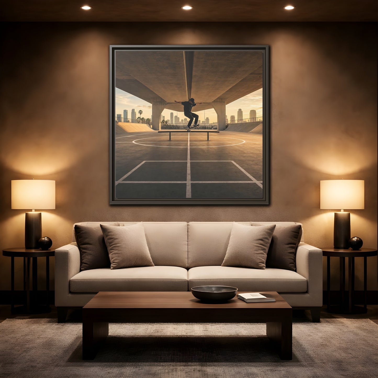 Mockup 2. Sports Skateboarder Skateboarding Gold shown as framed canvas print