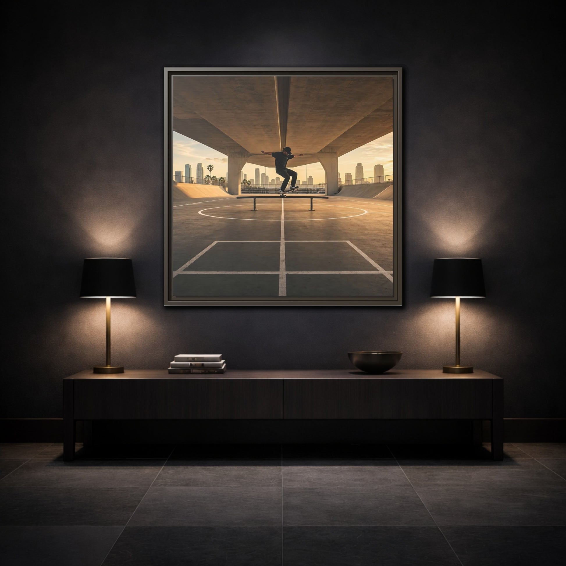 Mockup 3. Sports Skateboarder Skateboarding Gold shown as framed canvas print