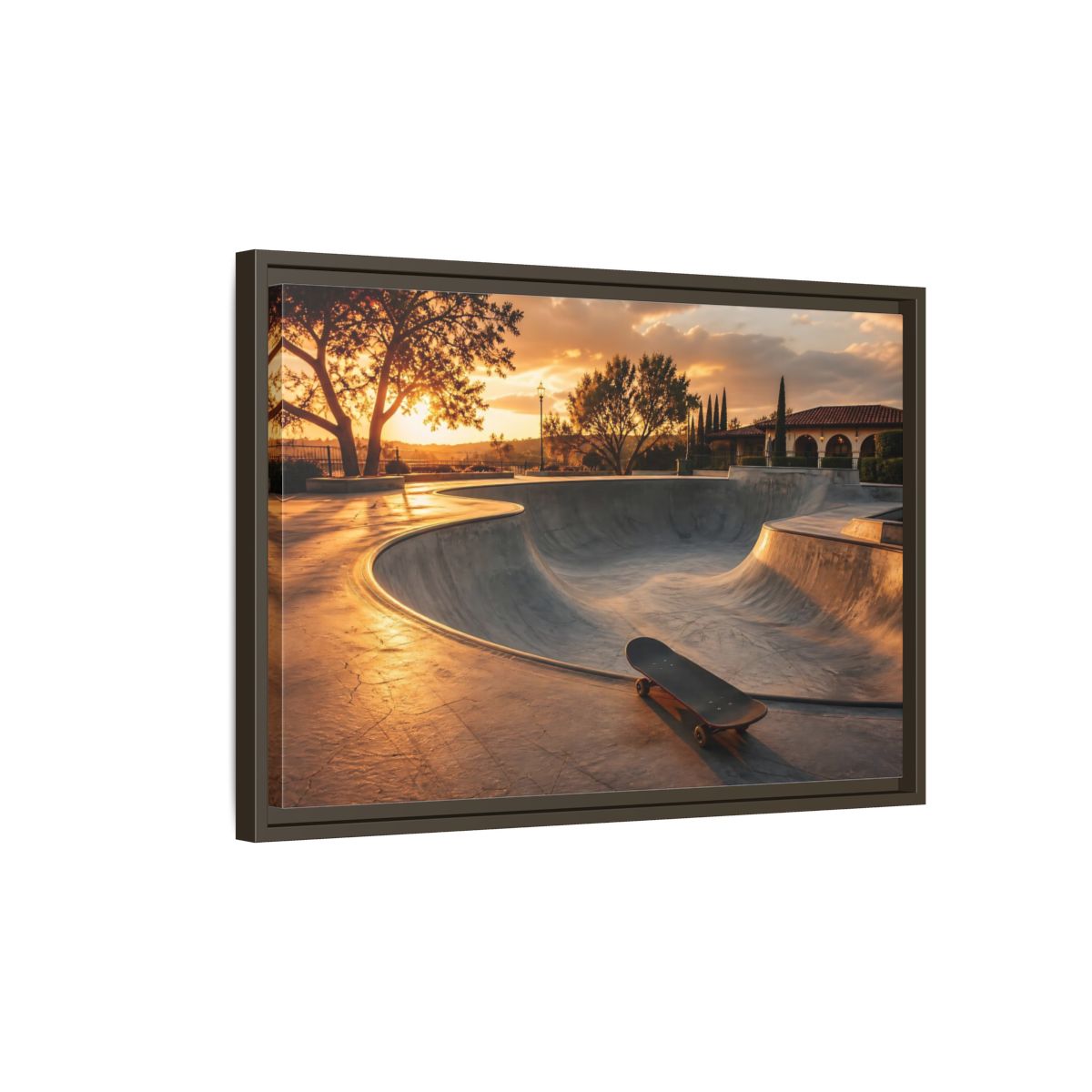 Side Mockup 2. Sports Skatepark Golden Skatepark shown as framed canvas print