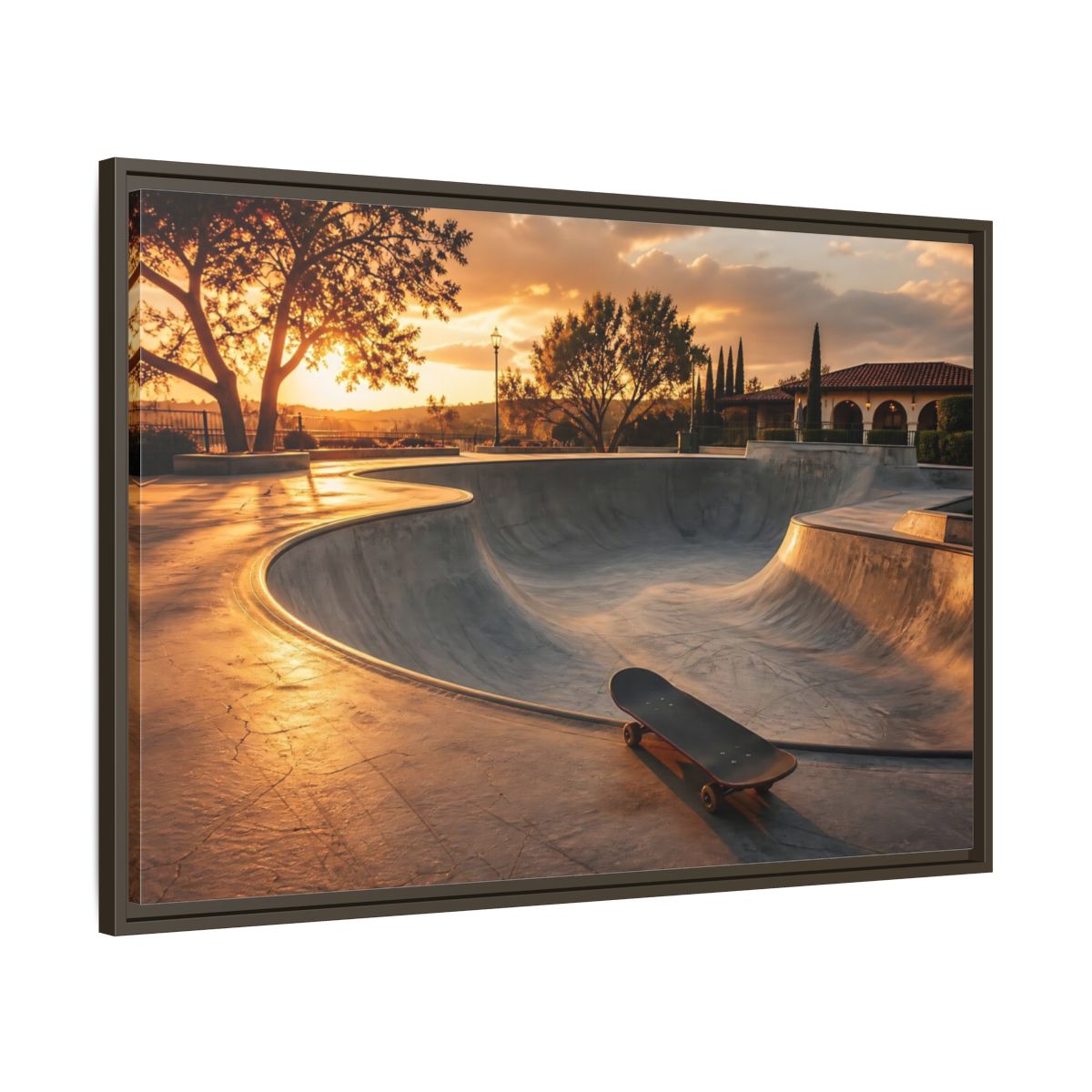 Main Mockup. Sports Skatepark Golden Skatepark shown as framed canvas print