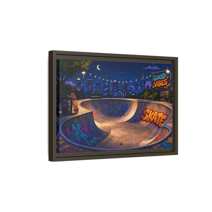 Side Mockup 5. Sports Skatepark Vibrant Skatepark Night shown as framed canvas print