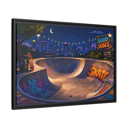 Side Mockup 14. Sports Skatepark Vibrant Skatepark Night shown as framed canvas print
