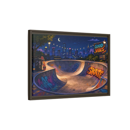 Side Mockup 2. Sports Skatepark Vibrant Skatepark Night shown as framed canvas print