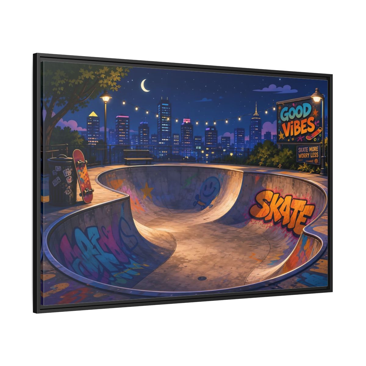 Side Mockup 12. Sports Skatepark Vibrant Skatepark Night shown as framed canvas print