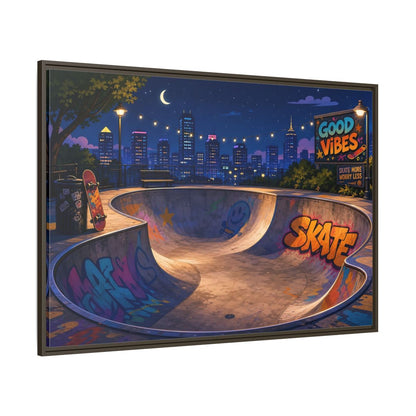 Side Mockup 8. Sports Skatepark Vibrant Skatepark Night shown as framed canvas print