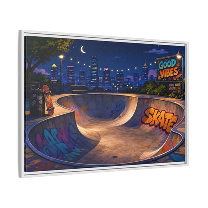Side Mockup 9. Sports Skatepark Vibrant Skatepark Night shown as framed canvas print