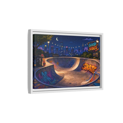 Side Mockup 4. Sports Skatepark Vibrant Skatepark Night shown as framed canvas print