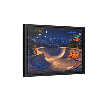 Side Mockup 6. Sports Skatepark Vibrant Skatepark Night shown as framed canvas print