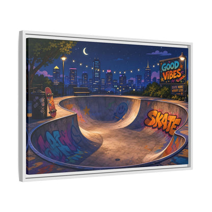 Side Mockup 10. Sports Skatepark Vibrant Skatepark Night shown as framed canvas print