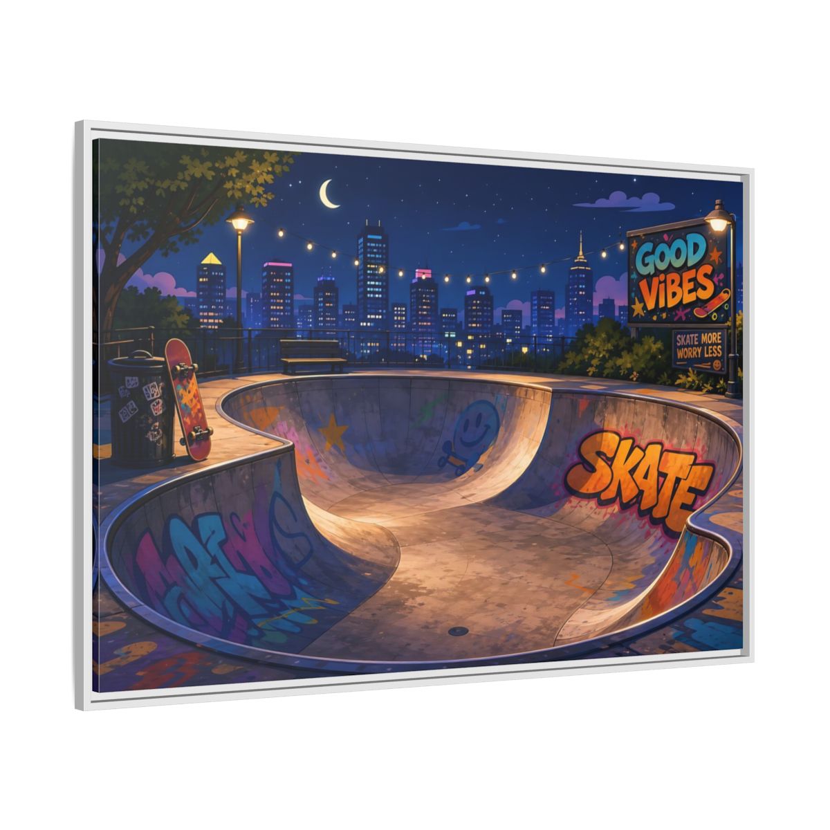 Side Mockup 7. Sports Skatepark Vibrant Skatepark Night shown as framed canvas print