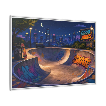 Side Mockup 7. Sports Skatepark Vibrant Skatepark Night shown as framed canvas print