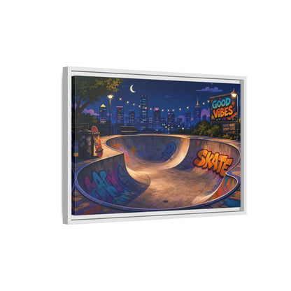 Side Mockup 1. Sports Skatepark Vibrant Skatepark Night shown as framed canvas print