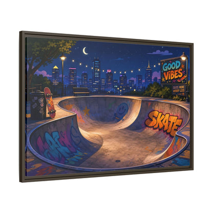 Main Mockup. Sports Skatepark Vibrant Skatepark Night shown as framed canvas print