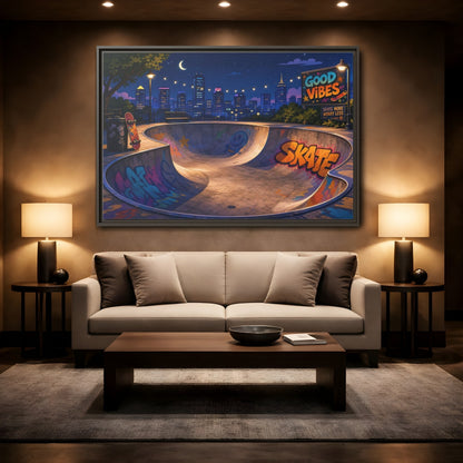 Mockup 2. Sports Skatepark Vibrant Skatepark Night shown as framed canvas print