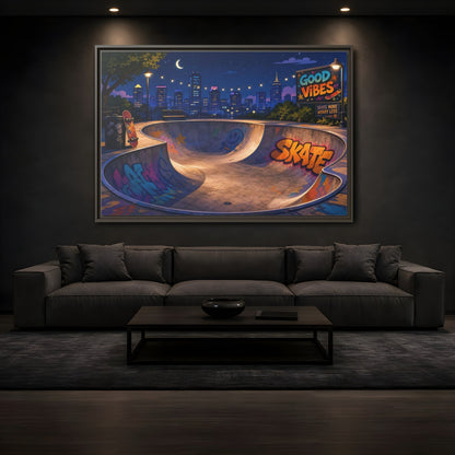 Mockup 3. Sports Skatepark Vibrant Skatepark Night shown as framed canvas print