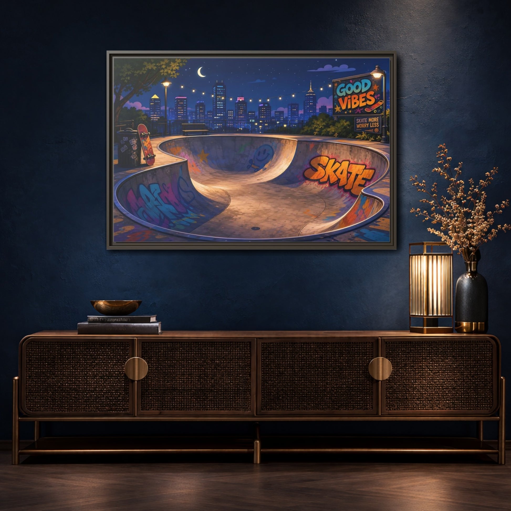 Mockup 4. Sports Skatepark Vibrant Skatepark Night shown as framed canvas print
