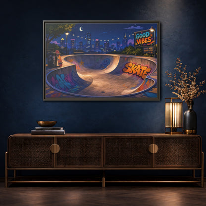 Mockup 4. Sports Skatepark Vibrant Skatepark Night shown as framed canvas print