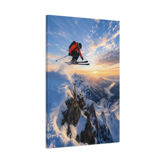 Main Mockup. Sports Skier Orange And Blue shown as stretched canvas wall art