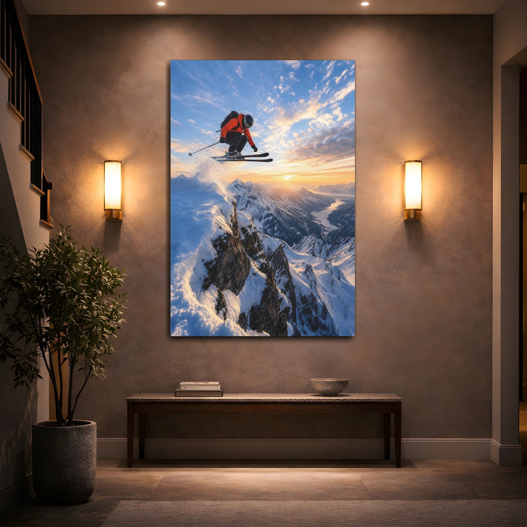 Mockup 2. Sports Skier Orange And Blue shown as stretched canvas wall art