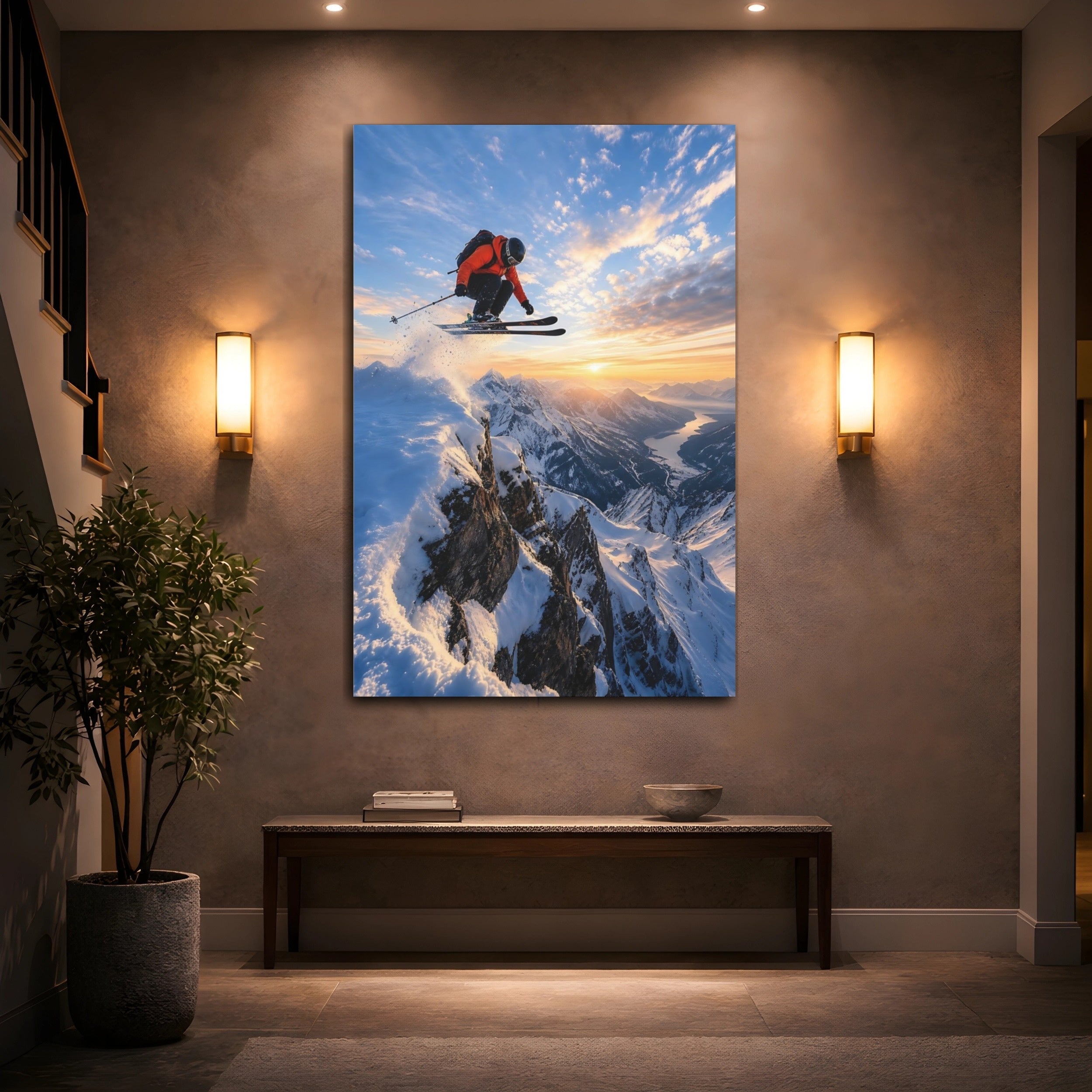 Mockup 2. Sports Skier Orange And Blue shown as stretched canvas wall art