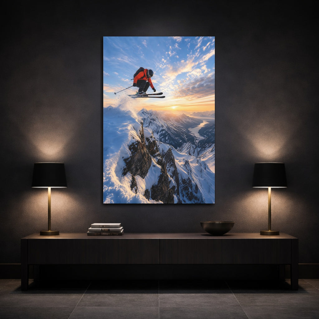 Mockup 3. Sports Skier Orange And Blue shown as stretched canvas wall art