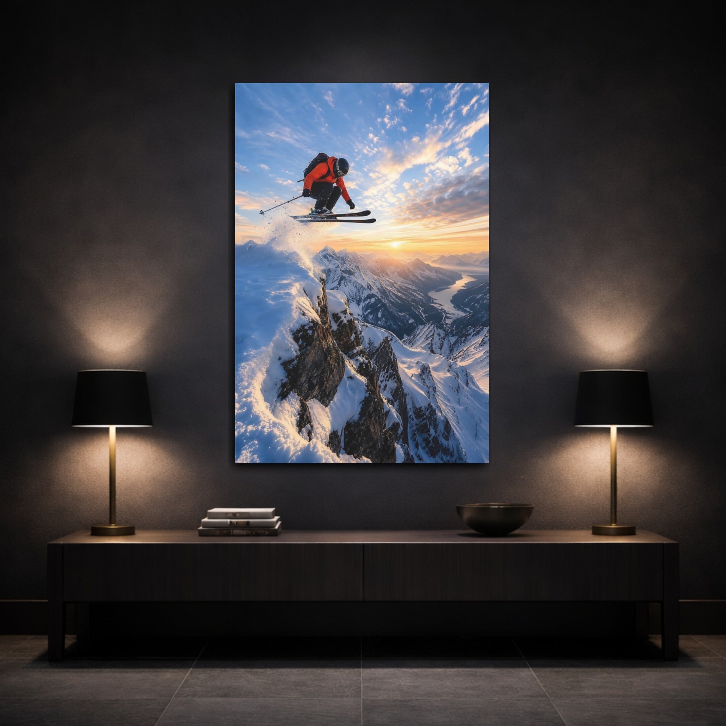 Mockup 3. Sports Skier Orange And Blue shown as stretched canvas wall art