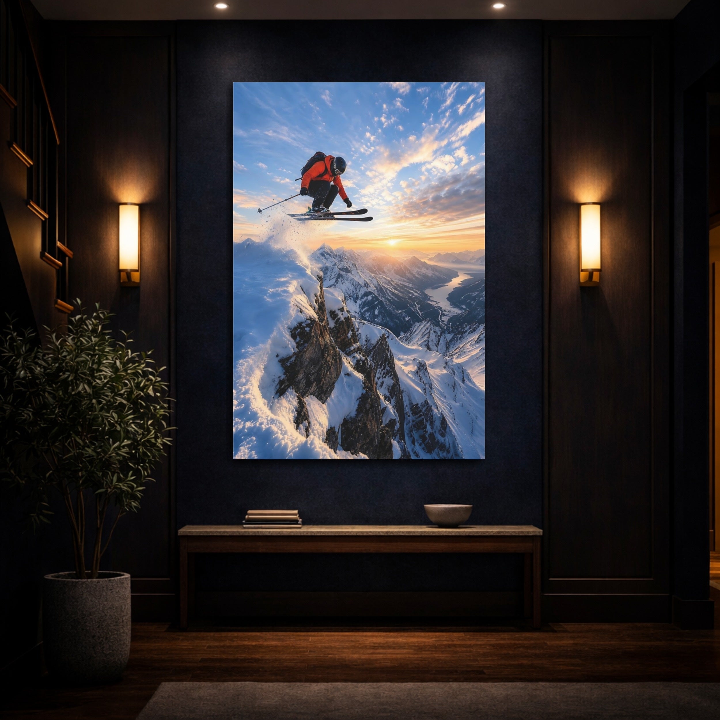 Mockup 4. Sports Skier Orange And Blue shown as stretched canvas wall art