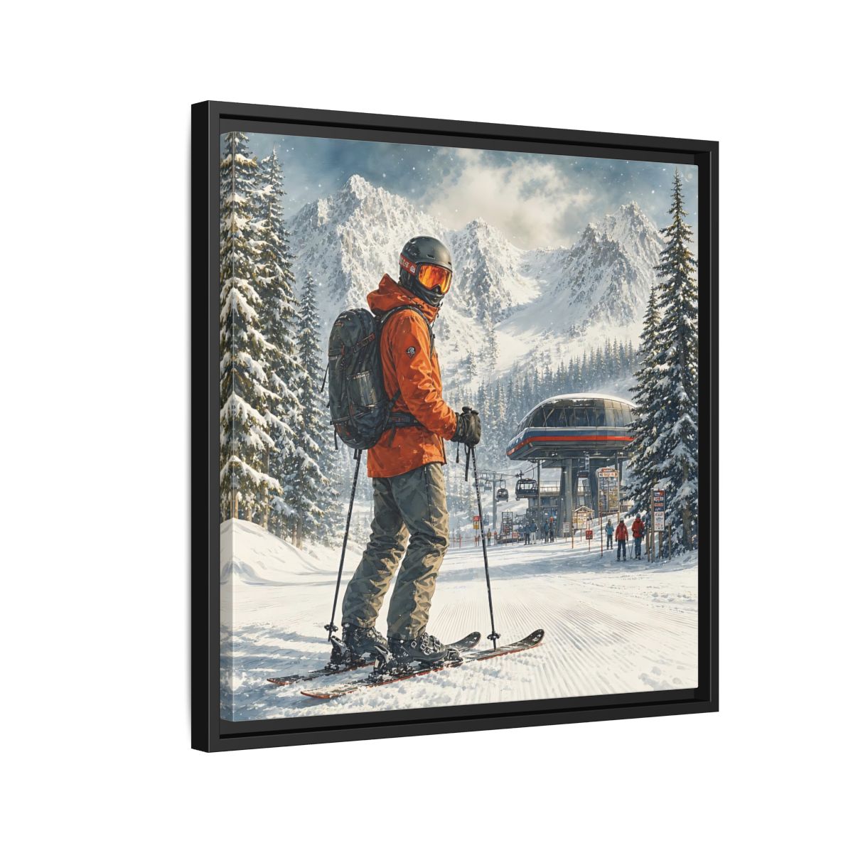 Side Mockup 12. Sports Skier Winter Skiing shown as framed canvas print