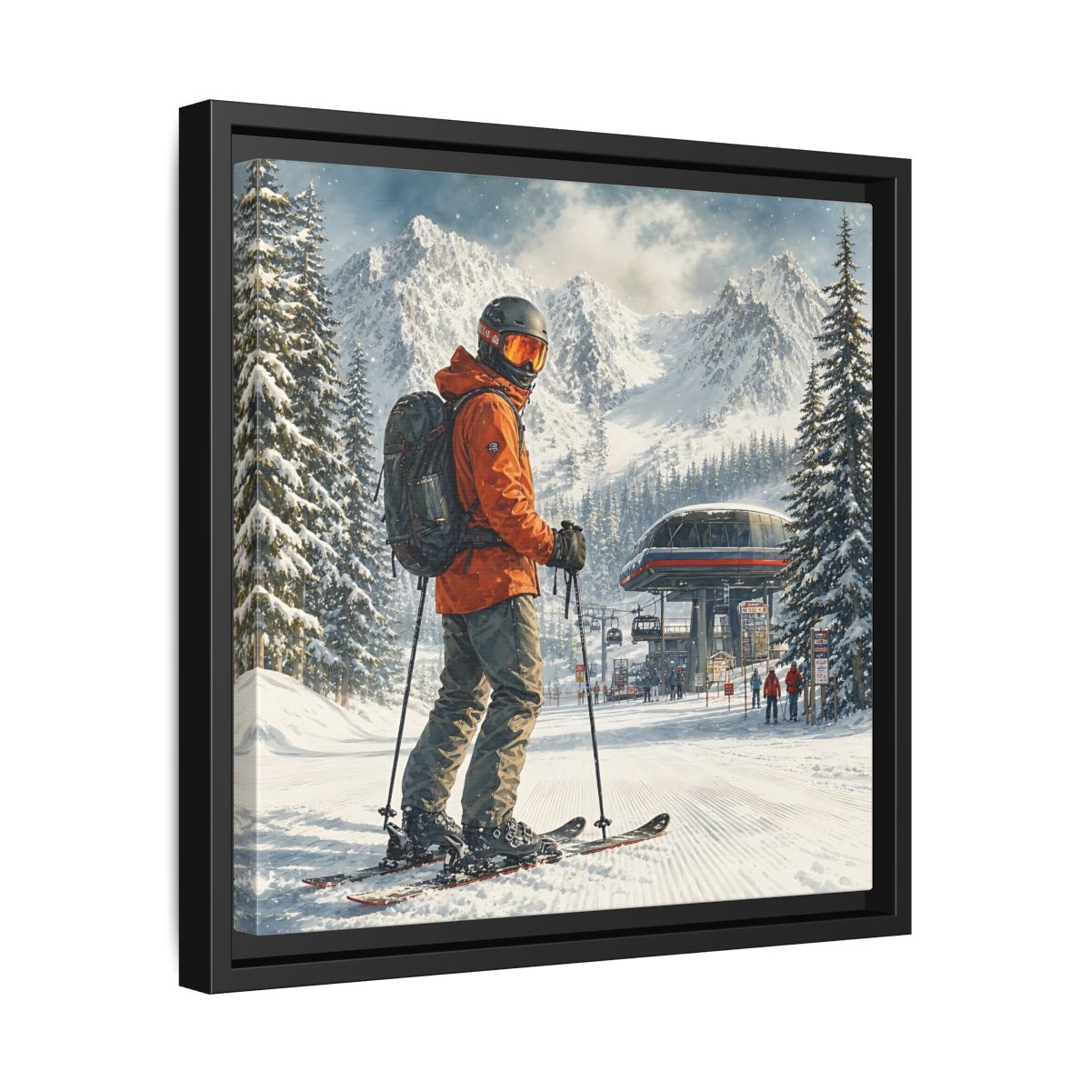 Side Mockup 32. Sports Skier Winter Skiing shown as framed canvas print