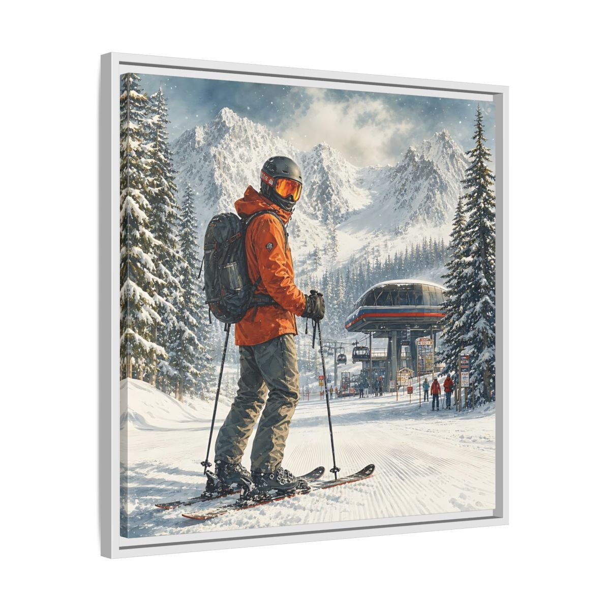 Side Mockup 26. Sports Skier Winter Skiing shown as framed canvas print