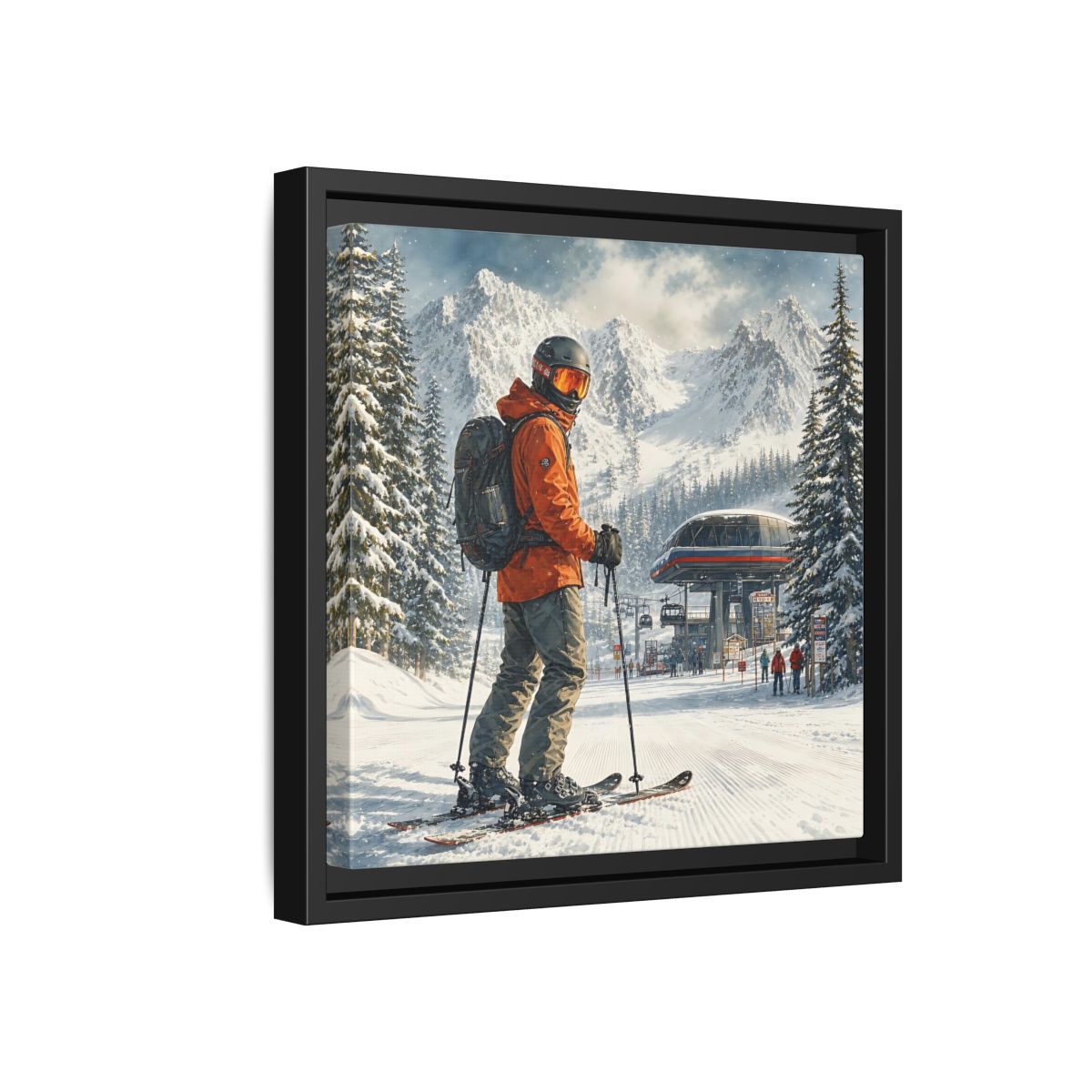 Side Mockup 18. Sports Skier Winter Skiing shown as framed canvas print